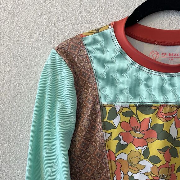 Free People Beach Jesse Surf Rashie Size L Long Sleeve Swim Top Patchwork Floral - Picture 5 of 15